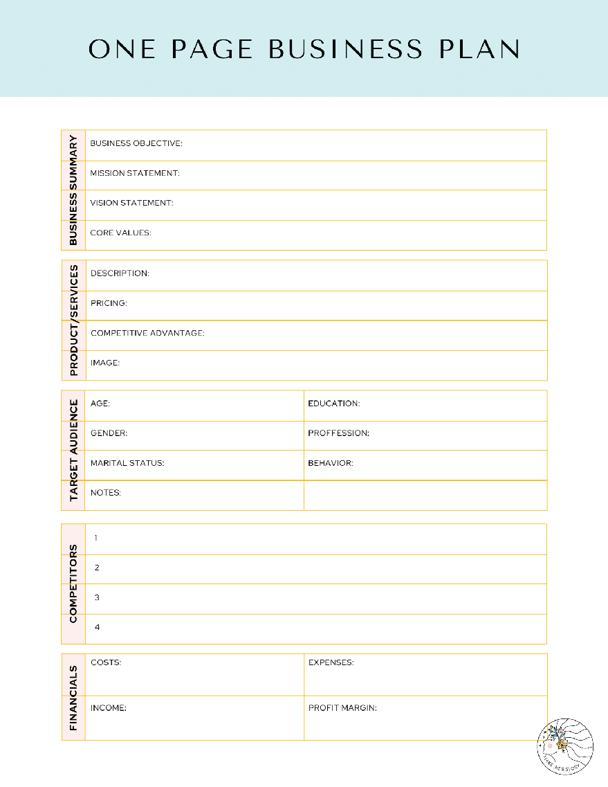 One Page Business Plan